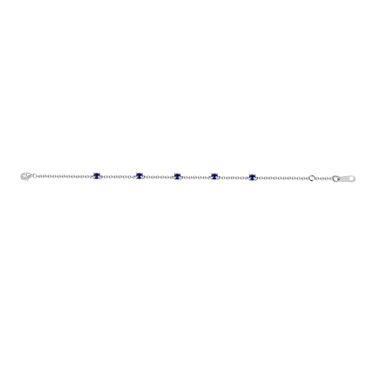 14K white gold station bracelet featuring round blue sapphires evenly spaced along a delicate chai