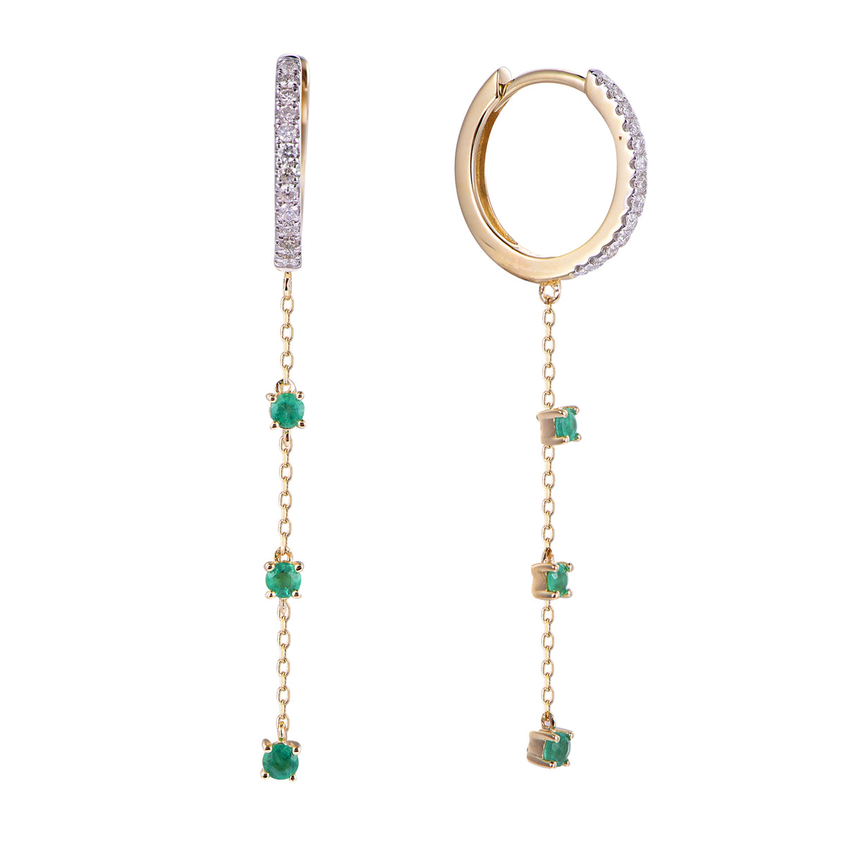 A pair of gold huggie hoop earrings with dangling chains, each adorned with a row of clear stones at the top and four small green emerald-cut stones below, shown on a plain white background.