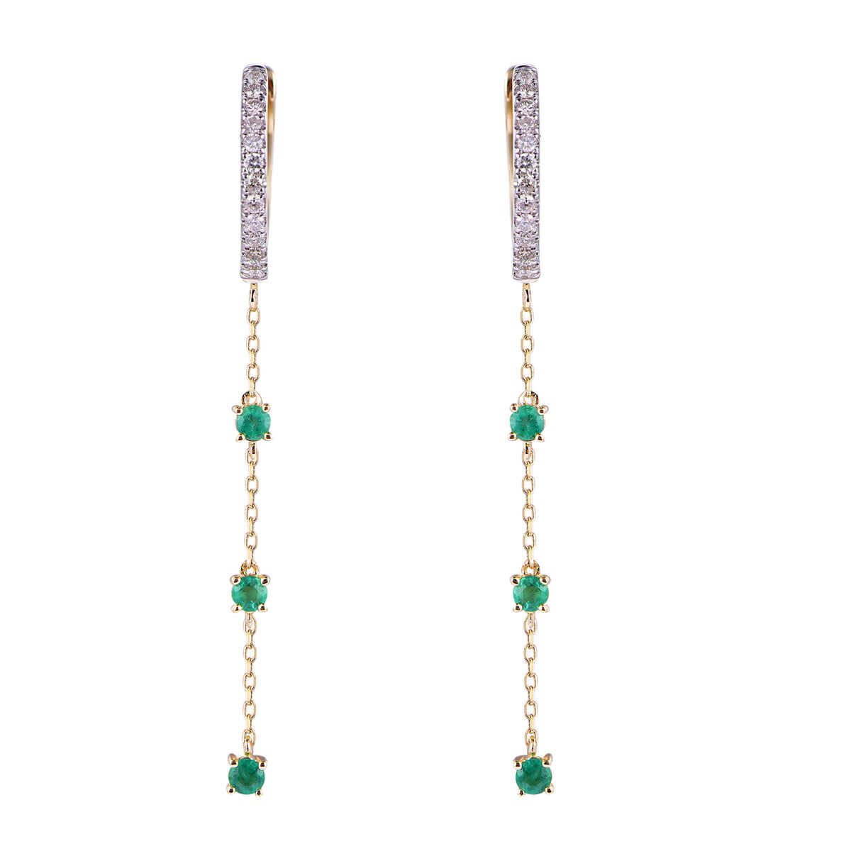 A pair of gold huggie hoop earrings with rows of clear pavé stones and four dangling emerald-cut green gemstones on each earring, shown against a plain white background.