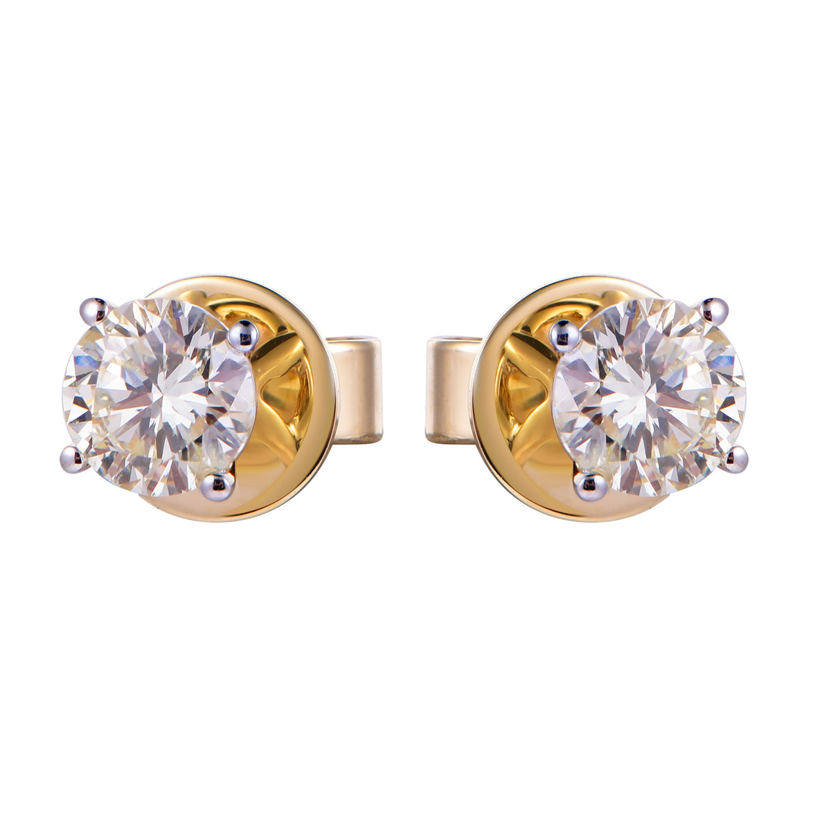 A pair of round-cut diamond stud earrings in yellow gold settings, shown on a plain white background.