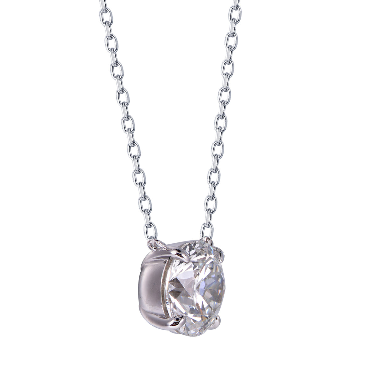 A white gold chain necklace with a round-cut clear diamond pendant in a four-prong setting, shown on a plain white background.