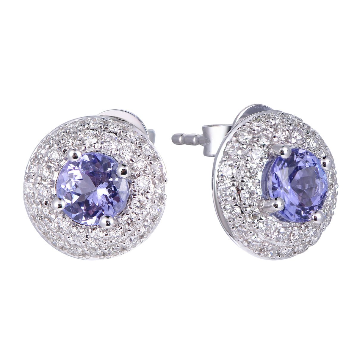 14K white gold stud earrings featuring round tanzanites surrounded by a double halo of brilliant diamonds