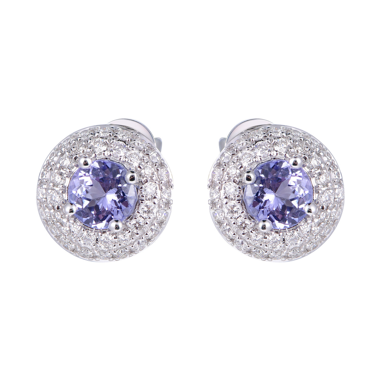 14K white gold stud earrings featuring round tanzanites surrounded by a double halo of brilliant diamonds
