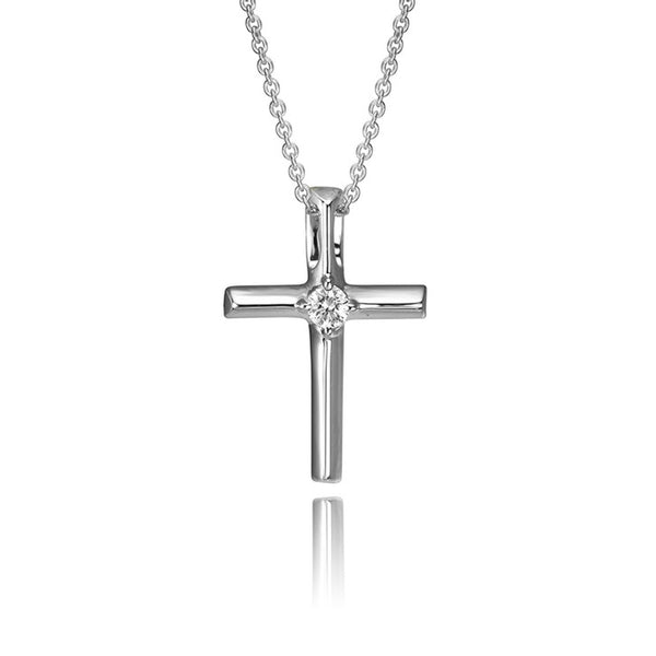 14K White Gold Diamond Solitaire Cross Pendant
