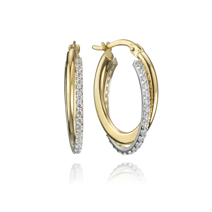 10k Yellow and White Gold Two Tone Cubic Zirconia Hoop Earrings