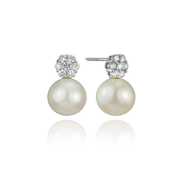 14K White Gold Diamond and Pearl Earrings