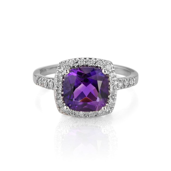 14K White Gold Amethyst and Diamond Halo Ring